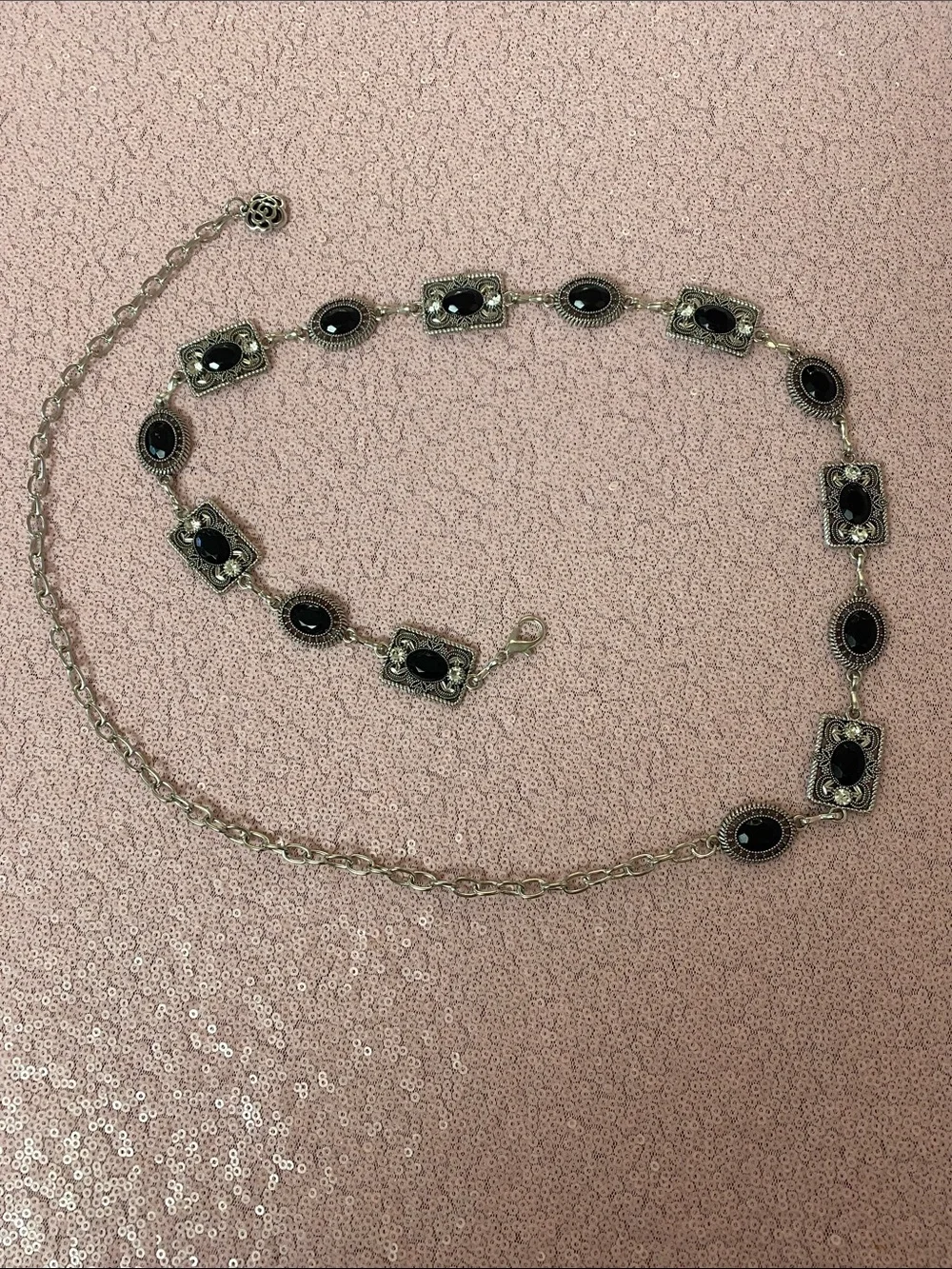 Silver tone and black chain belt #487